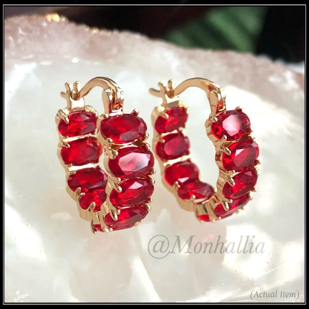 New Deep Red Ruby Stone Gold Round Huggie Earrings
